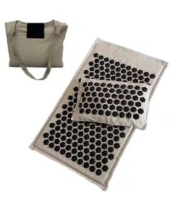 charcoal black linen acupressure mat with matching pillow laid flat, showing dense pressure points for relaxation, recovery, and sleep
