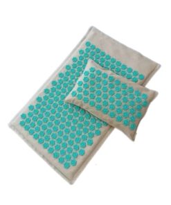 natural linen acupressure mat and pillow set with sage green pressure points, designed for calm relaxation, recovery, and sleep support use