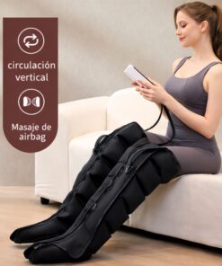 masajeador de piernas por compresión de aire en uso para mejorar la circulación y reducir la fatiga