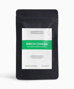chaga capsules bottle for microbiome support with birch chaga plant based capsules and clean daily supplement routine by alicevital wellness