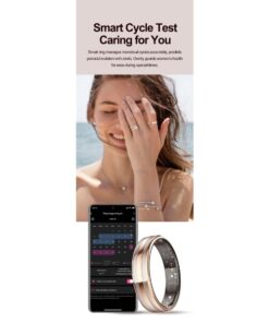 rose gold smart health ring with cycle tracking app view designed for discreet daily wellness support and connected insights. with app sync