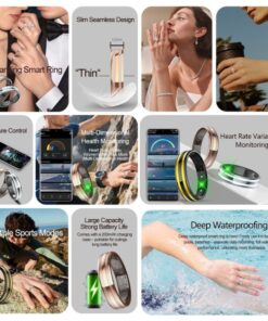 smart health ring supporting heart rate monitoring with slim metallic design and companion app display for everyday wellness. with app sync