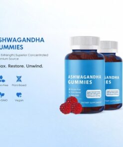 ashwagandha gummies for calm support by alicevital with two mixed berry bottles and fruit accents in a clean premium product display scene