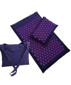 purple linen acupressure mat with matching pillow and carry bag shown together for portable relaxation, recovery, and daily wellness
