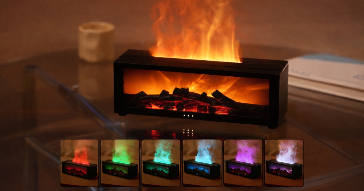 Fireplace Aroma Diffuser with 3D Flame Effect fireplace diffuser in white finish with 3d flame effect releasing soft mist and ambient glow for calm indoor air and relaxation