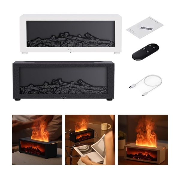 fireplace aroma diffuser with 3d flame effect lifestyle overview showing both colors accessories and warm flame scenes for home decor ritual