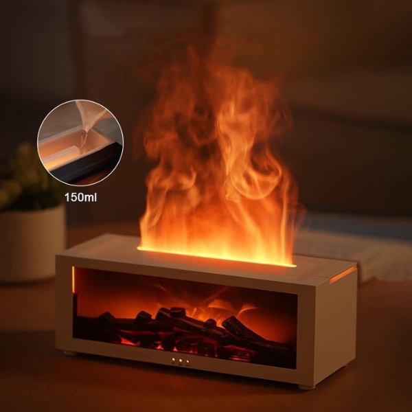 fireplace aroma diffuser with 3d flame effect cozy tabletop view with warm mist flame and 150ml capacity for restful room ambiance glow calm