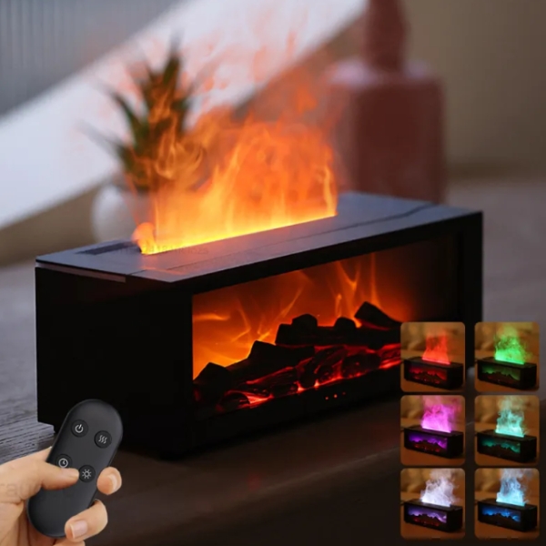 fireplace aroma diffuser with 3d flame effect black lifestyle view with remote and colorful flame modes for relaxing room ambiance decor zen
