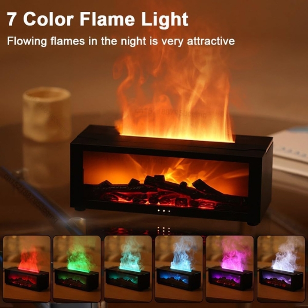 fireplace aroma diffuser with 3d flame effect creating warm ambient light and calming mist for relaxation and home wellness routine