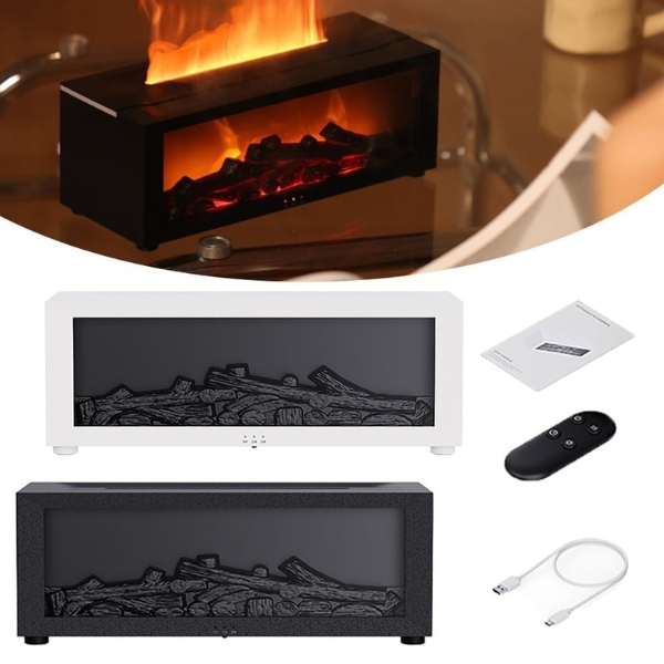 fireplace aroma diffuser with 3d flame effect product set overview with black and white units remote cable and manual for home use decor zen