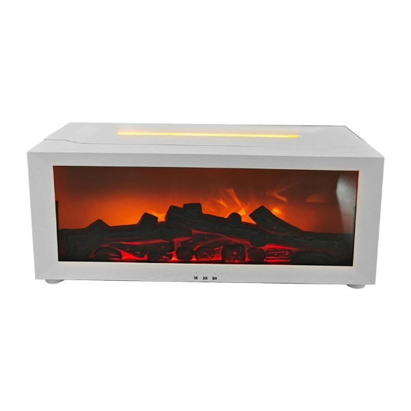 fireplace aroma diffuser with 3d flame effect side angle white view showing glowing ember display for bedroom and office relaxation use calm