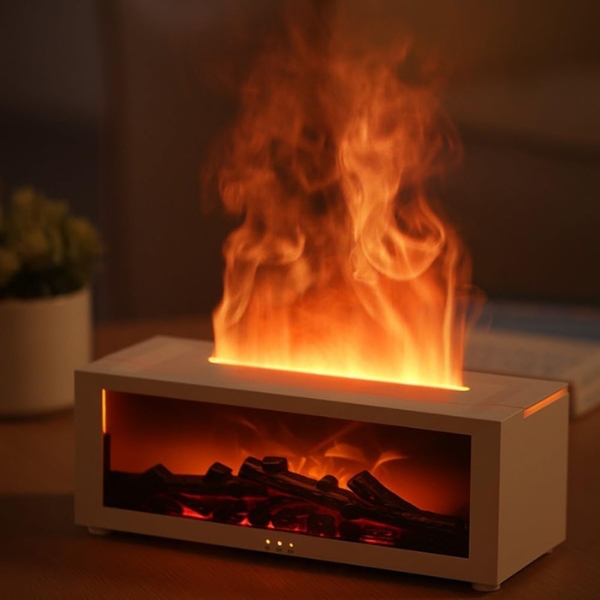fireplace aroma diffuser with 3d flame effect tabletop ambiance view with warm glowing mist for calming bedroom and desk routine use at home