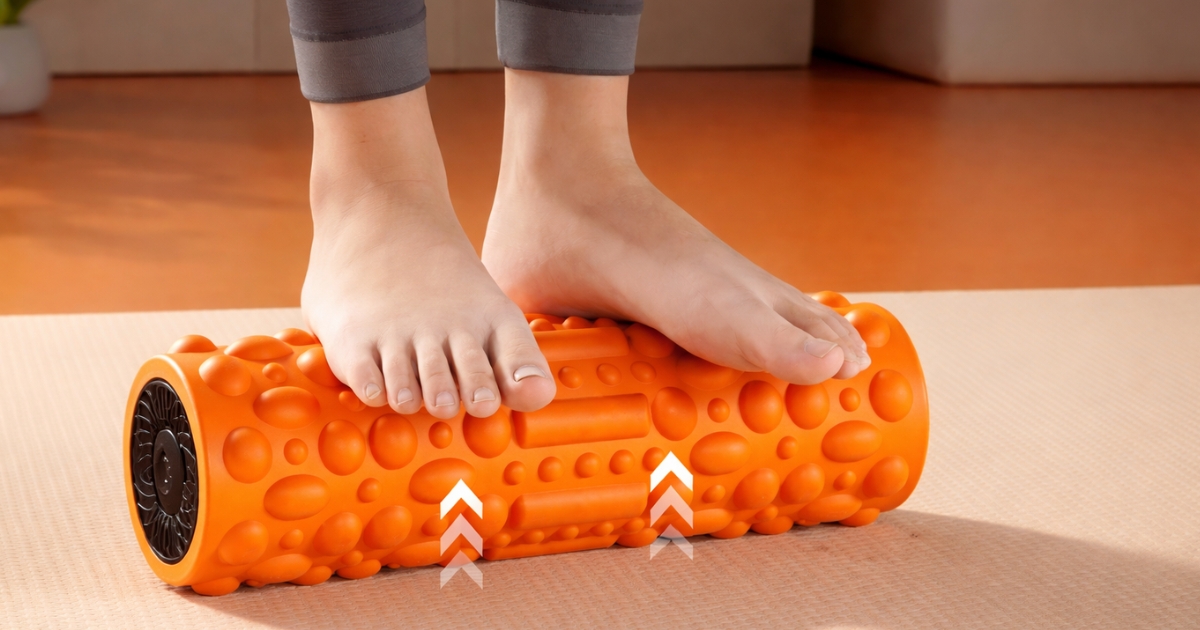vibration foam massage roller in black blue and orange showing color options textured surface and full body muscle recovery support at home daily