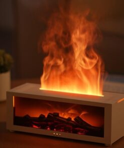 fireplace aroma diffuser with 3d flame effect tabletop ambiance view with warm glowing mist for calming bedroom and desk routine use at home