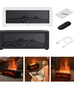 fireplace aroma diffuser with 3d flame effect lifestyle overview showing both colors accessories and warm flame scenes for home decor ritual