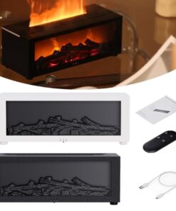 fireplace aroma diffuser with 3d flame effect product set overview with black and white units remote cable and manual for home use decor zen