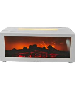 fireplace aroma diffuser with 3d flame effect side angle white view showing glowing ember display for bedroom and office relaxation use calm