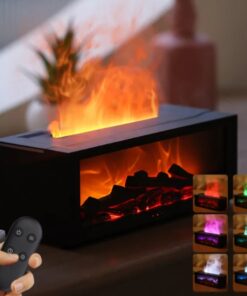 fireplace aroma diffuser with 3d flame effect black lifestyle view with remote and colorful flame modes for relaxing room ambiance decor zen
