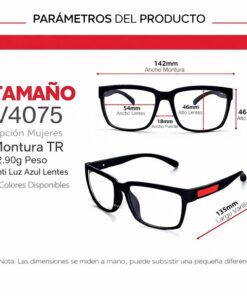 guia de tamaño gafas luz azul con medidas de montura lentes puente y varillas modelo v4075 tr90