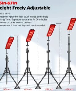 usage guide for red light therapy lamp showing height adjustments from 35 to 67 inches and recommended 24-inch distance