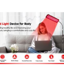 nano infrared adjustable therapy lamp features display showing skin health, better sleep, muscle recovery, pulse mode, and pain relief