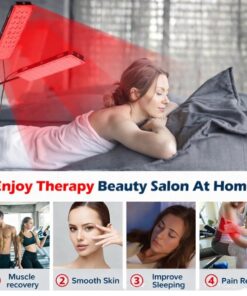 nano infrared adjustable therapy lamp benefits icons showing muscle recovery, smooth skin, improved sleep, and pain relief