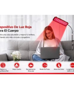 lámpara terapia luz roja utilizada en dormitorio durante rutina nocturna enfocada en relajación descanso y bienestar antes de dormir