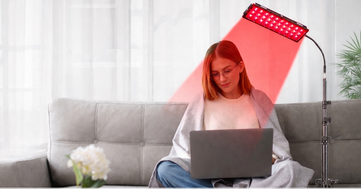 nano infrared adjustable therapy lamp in a peaceful home setting showing professional-grade red light therapy for recovery and wellness