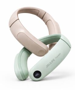 neck massager with heat therapy showing solstice green and warm sand color variants with led display and ergonomic wearable design