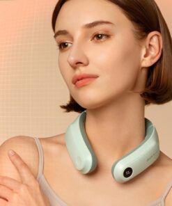 neck massager with heat therapy worn by user in a calm wellness setting supporting relaxation comfort and balanced daily self care routine