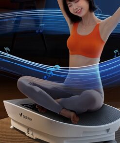 person using the portable power vibration plate in side sitting position for targeted calf muscle stimulation