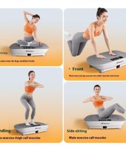 illustration showing three exercise positions on a vibration plate standing sitting and side sitting