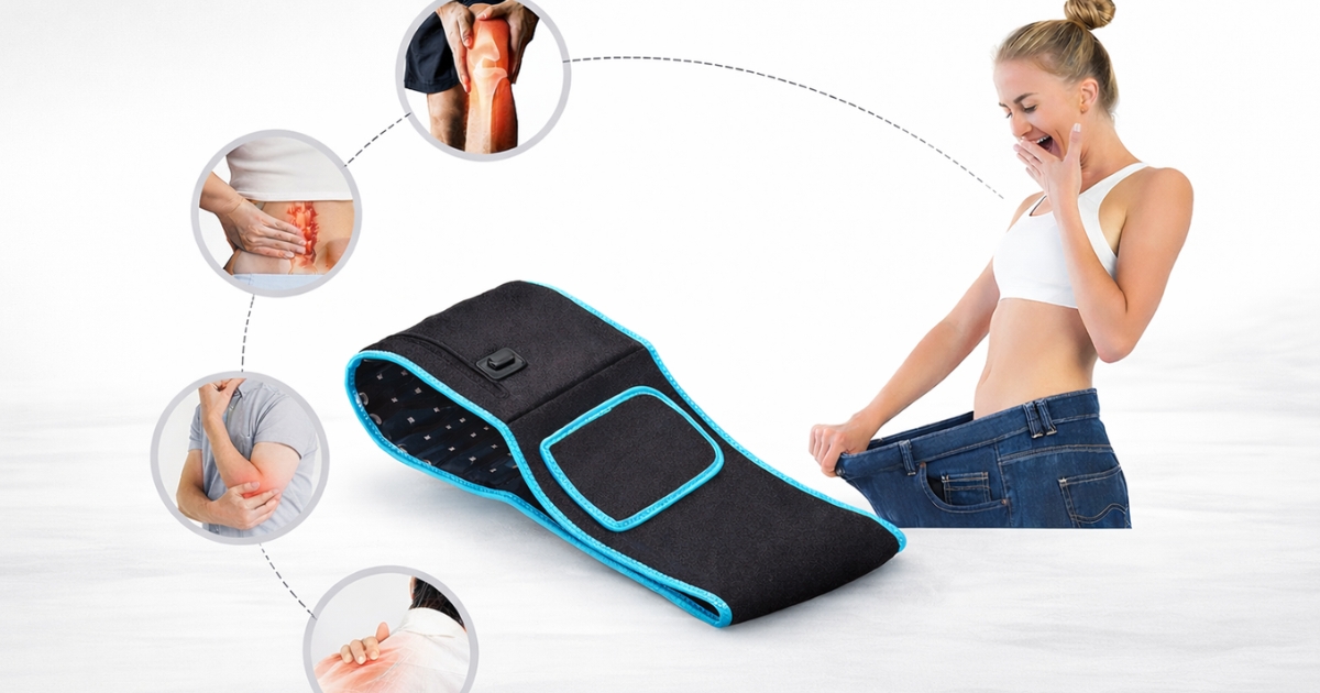 size guide for a red light therapy waist belt showing full length and wrap panel measurements, useful for fit, lower back coverage, and wearable comfort planning