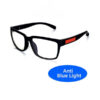 retro matte tr90 blue light glasses with square black frame and red temple accent shown with anti blue light card for screen comfort