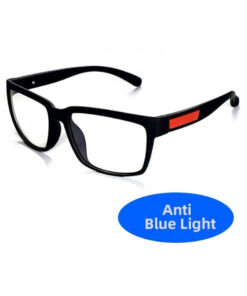 retro matte tr90 blue light glasses with square black frame and red temple accent shown with anti blue light card for screen comfort