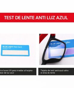 test de gafas luz azul con tarjeta uv mostrando el filtrado de luz azul en la lente protectora