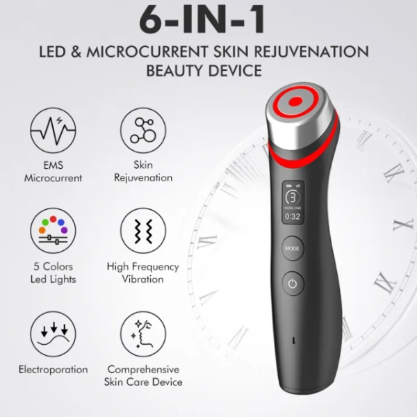 6 in 1 vibemicro led microcurrent facial device infographic showing ems skin rejuvenation electroporation and vibration support modes