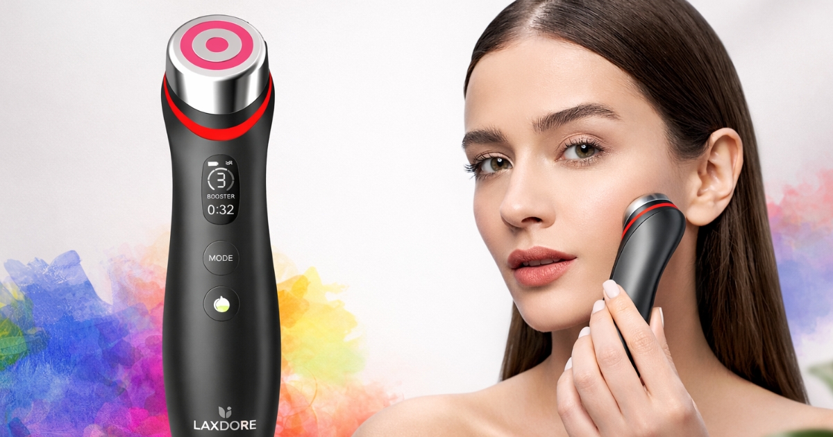 VibeMicro LED Microcurrent Facial Device product image of the vibemicro led microcurrent facial device with five care mode icons highlighting the visible treatment heads clearly