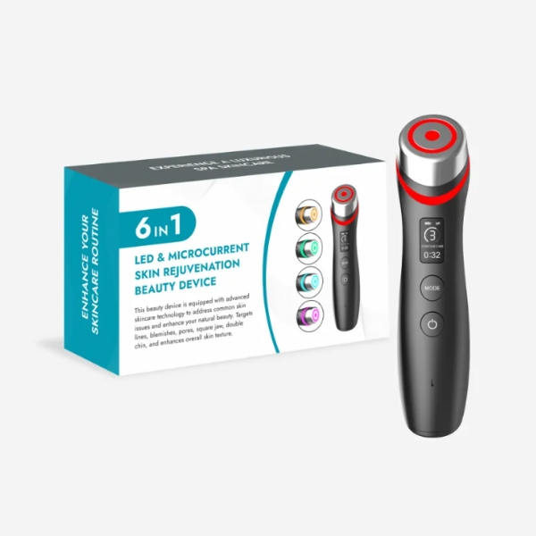 front product view of the vibemicro led microcurrent facial device with five colored care heads displayed around the main unit clearly now