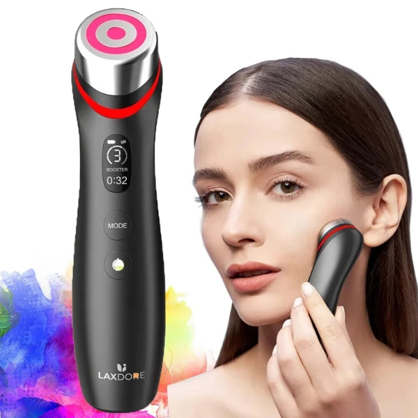 hero image of the vibemicro led microcurrent facial device beside a model using it on the cheek during an at home beauty ritual daily