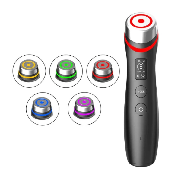 model using the vibemicro led microcurrent facial device in a calm skincare routine showing the handheld design and treatment head in use