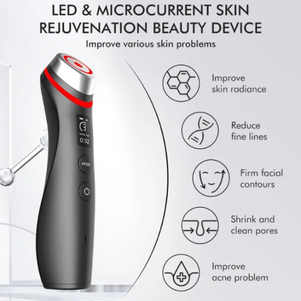 infographic of the vibemicro beauty device with visible packaging claims about radiance fine lines contours pores and acne support now