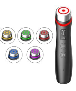 model using the vibemicro led microcurrent facial device in a calm skincare routine showing the handheld design and treatment head in use