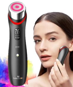 hero image of the vibemicro led microcurrent facial device beside a model using it on the cheek during an at home beauty ritual daily