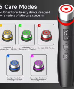 five care mode infographic for the vibemicro facial device showing orange green red blue and purple treatment head options clearly now