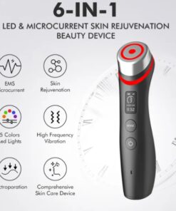 6 in 1 vibemicro led microcurrent facial device infographic showing ems skin rejuvenation electroporation and vibration support modes