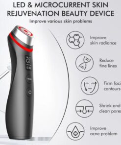 infographic of the vibemicro beauty device with visible packaging claims about radiance fine lines contours pores and acne support now