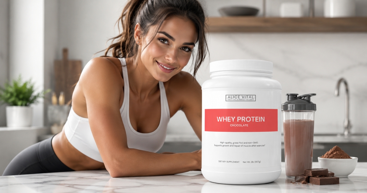 whey protein chocolate flavour with dutch cocoa and stevia for smooth protein shakes before or after training by alicevital by alicevital da